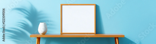 Minimalist interior with a blank frame and vase on a blue wall, enhancing tranquility.
