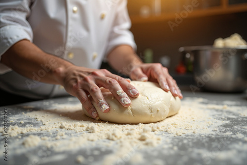 Chef kneading dough on flour-dusted countertop