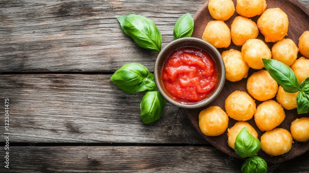 A warm, inviting shot of cheese balls on a rustic wooden table, with a side of marinara sauce and fresh basil leaves, emphasizing the classic snack experience A warm, inviting shot of cheese balls on a rustic wooden table, with a side of marinara sauce and fresh basil leaves, emphasizing the classic snack experience