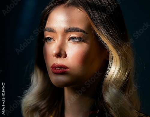 Wallpaper Mural aesthetic photo of a woman looking forward with a ray of light on her face, dark background Torontodigital.ca