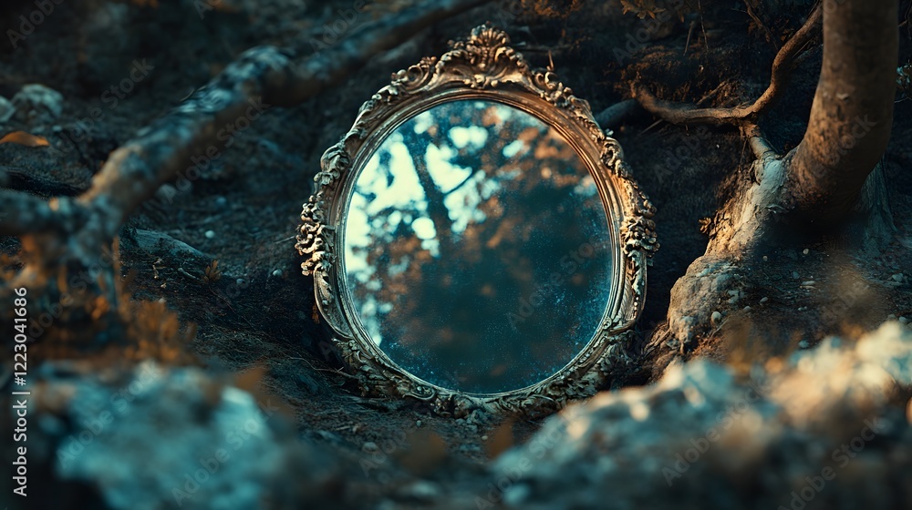 Obraz premium Enchanted Mirror in the Woods: An ornate antique mirror, framed in gold and reflecting the mystery of the surrounding forest, lies nestled amidst roots and stones.