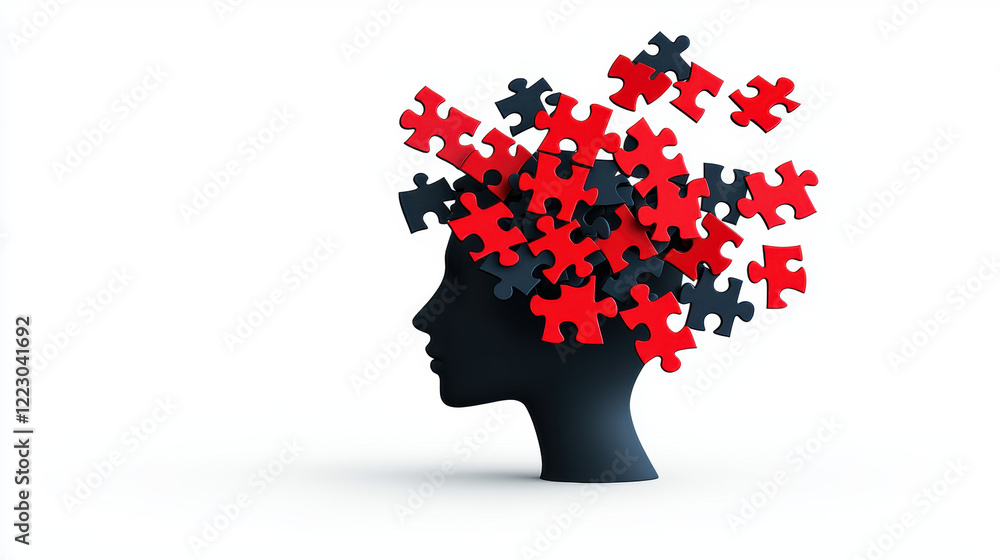 Mental Health Issues, flat illustration, A surreal image of a head filled with scattered puzzle pieces, symbolizing fragmented thoughts and high fidelity quality. Mental Health Issues, flat illustration, A surreal image of a head filled with scattered puzzle pieces, symbolizing fragmented thoughts and high fidelity quality.