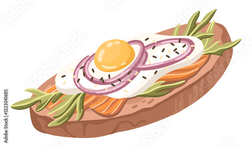 Delicious Toast with Egg and Salmon. Healthy Breakfast idea. Vector.