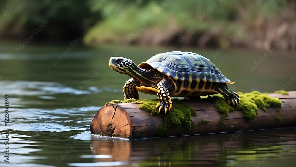 Fototapeta premium A turtle slowly walking on a beach or on a moving log.
