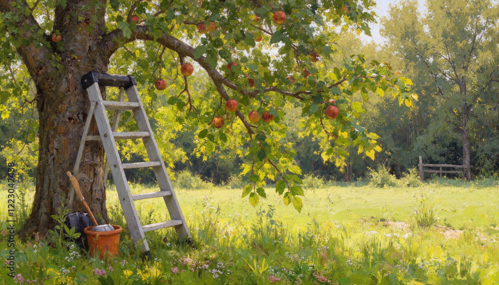 Ladder beside apple tree in sunny orchard Ladder beside apple tree in sunny orchard