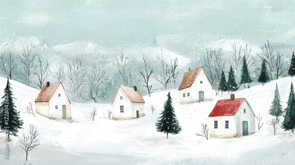 Fototapeta premium Snowy winter village with minimalist evergreen trees