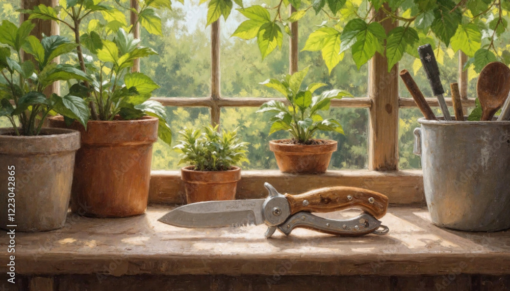 Fototapeta premium Garden tools and plants on a wooden windowsill