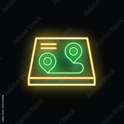 Glowing neon icon of a gps navigation system displaying a route on a digital map with two location pins