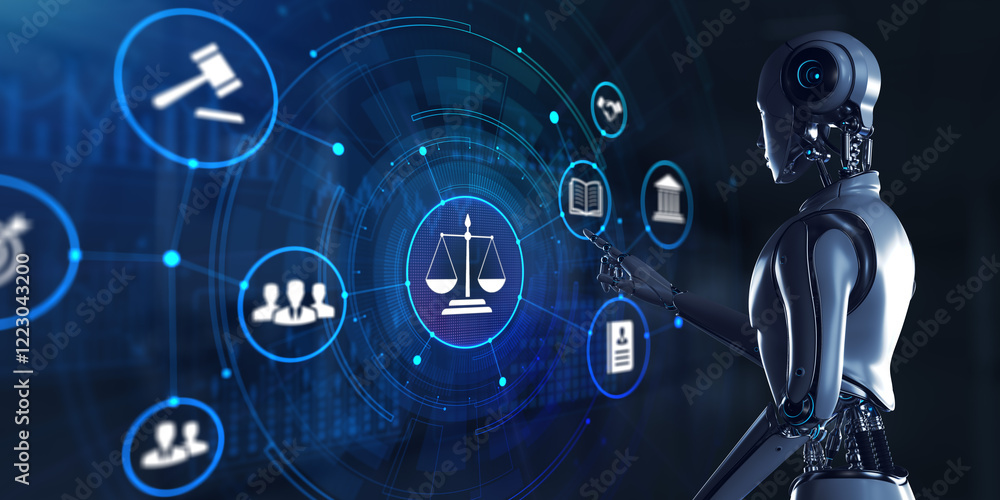 Fototapeta premium Law Lawyer jurisprudence concept. Robot pressing button on screen 3d render.