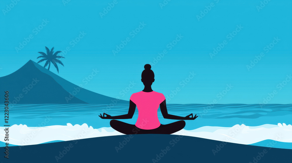 custom made wallpaper toronto digitalMental Health Issues, flat illustration, A person meditating among calming waves, showcasing tranquility and peace in a high-fidelity image, ideal for relaxation and wellness themes.