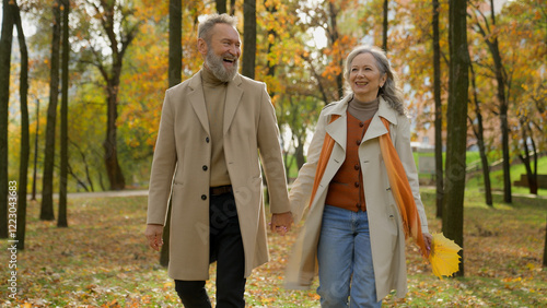 Fotografie Happy old senior married couple adults hold hands together walking in city park