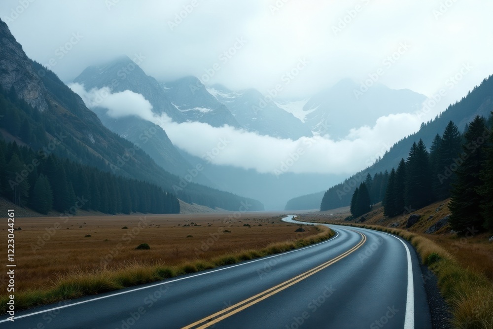 Fototapeta premium Asphalt ribbon unwinding through a misty mountain valley, leading towards a serene landscape