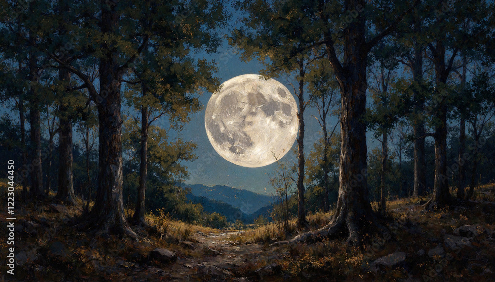 Naklejka premium Moonlit landscape with trees under a full moon
