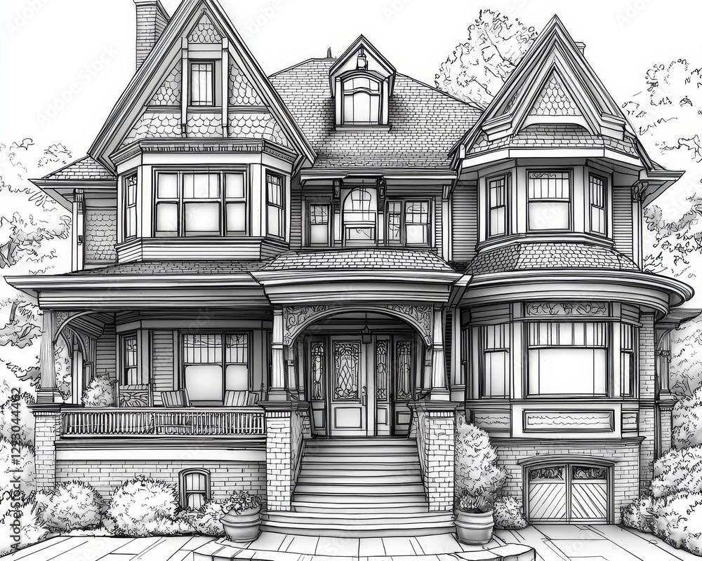 Minimal Line Art of Quaint Victorian House with Wraparound Porch and Decorative Gables Minimal Line Art of Quaint Victorian House with Wraparound Porch and Decorative Gables