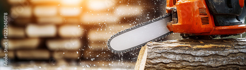 A powerful chainsaw cutting through a log in a bright workshop environment. photo