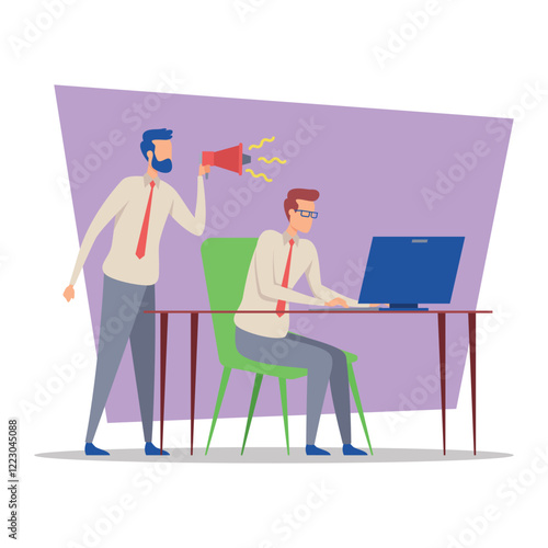 Business manager standing beside employee seated at desk. Manager using megaphone to communicate instructions, while employee focused on t computer screen