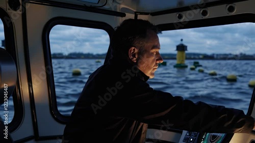 Man navigates a boat at dusk, steering through water near navigation buoys in serene coastal environment