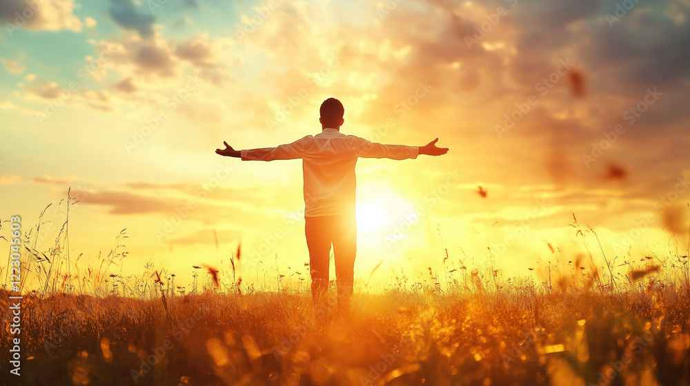 Fototapeta premium Man embracing freedom in a golden field at sunrise, perfect for personal growth and mindfulness campaigns
