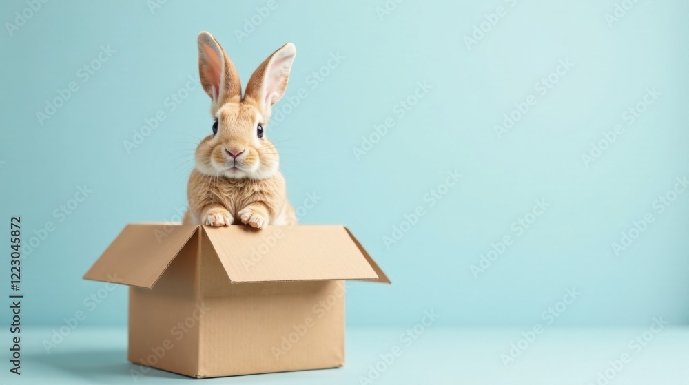 Adorable bunny rabbit sitting inside a cardboard box against a light blue background