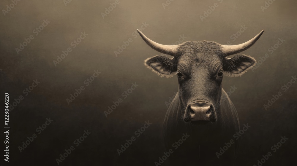 Naklejka premium Majestic bull portrait, dark background, sepia tone.