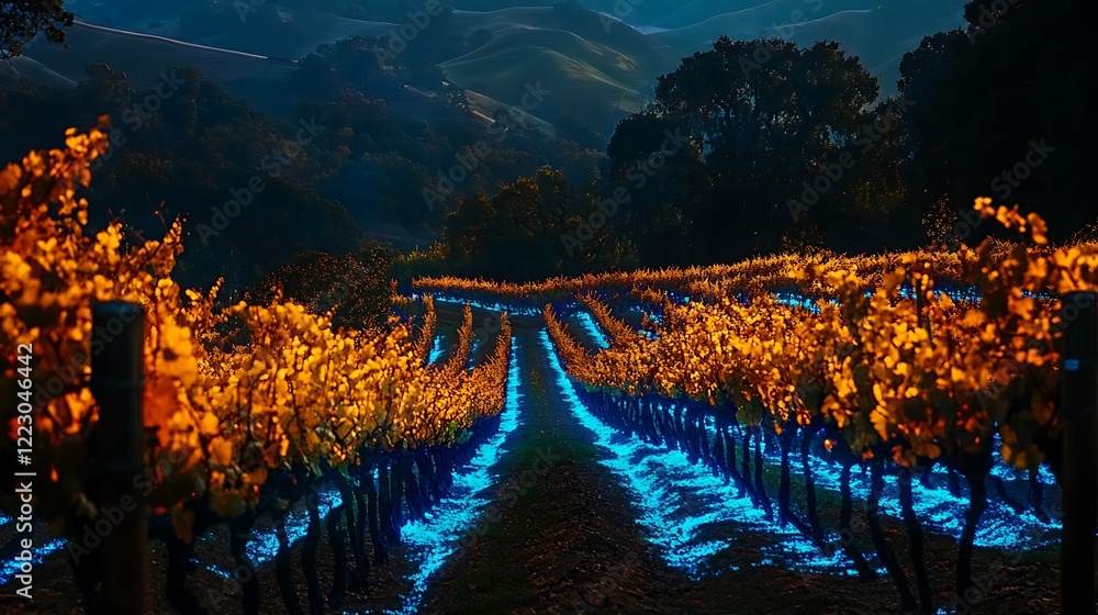 Fototapeta premium Illuminated Vineyard at Night Orange and Blue Lights Among Rows of Vines on a Hillside