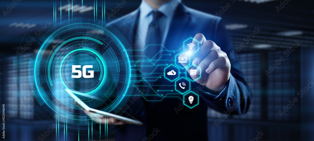 5G High-speed internet connection concept. Businessman pressing button on screen. 5G High-speed internet connection concept. Businessman pressing button on screen.