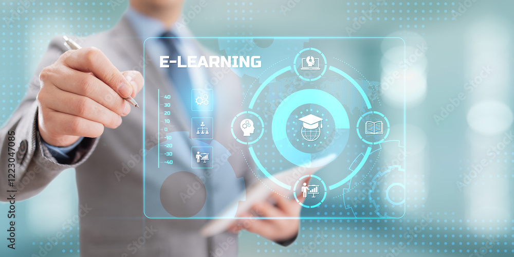 E-learning Online learning distance education concept. Businessman pressing button on screen. E-learning Online learning distance education concept. Businessman pressing button on screen.