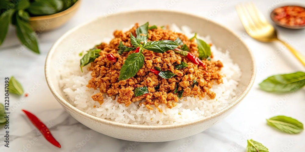 Spicy Basil Pork Stir-Fry with Rice: A tantalizing bowl of Thai basil pork stir-fry over fluffy white rice, glistening with chili oil and adorned with fresh basil leaves. Spicy Basil Pork Stir-Fry with Rice: A tantalizing bowl of Thai basil pork stir-fry over fluffy white rice, glistening with chili oil and adorned with fresh basil leaves.