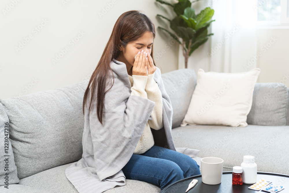 Sick, coronavirus or covid, tired asian young woman have a fever, flu and hand in use tissues paper sneezing nose, runny while sitting on sofa, couch at home. Health care with disease, pandemic virus Sick, coronavirus or covid, tired asian young woman have a fever, flu and hand in use tissues paper sneezing nose, runny while sitting on sofa, couch at home. Health care with disease, pandemic virus