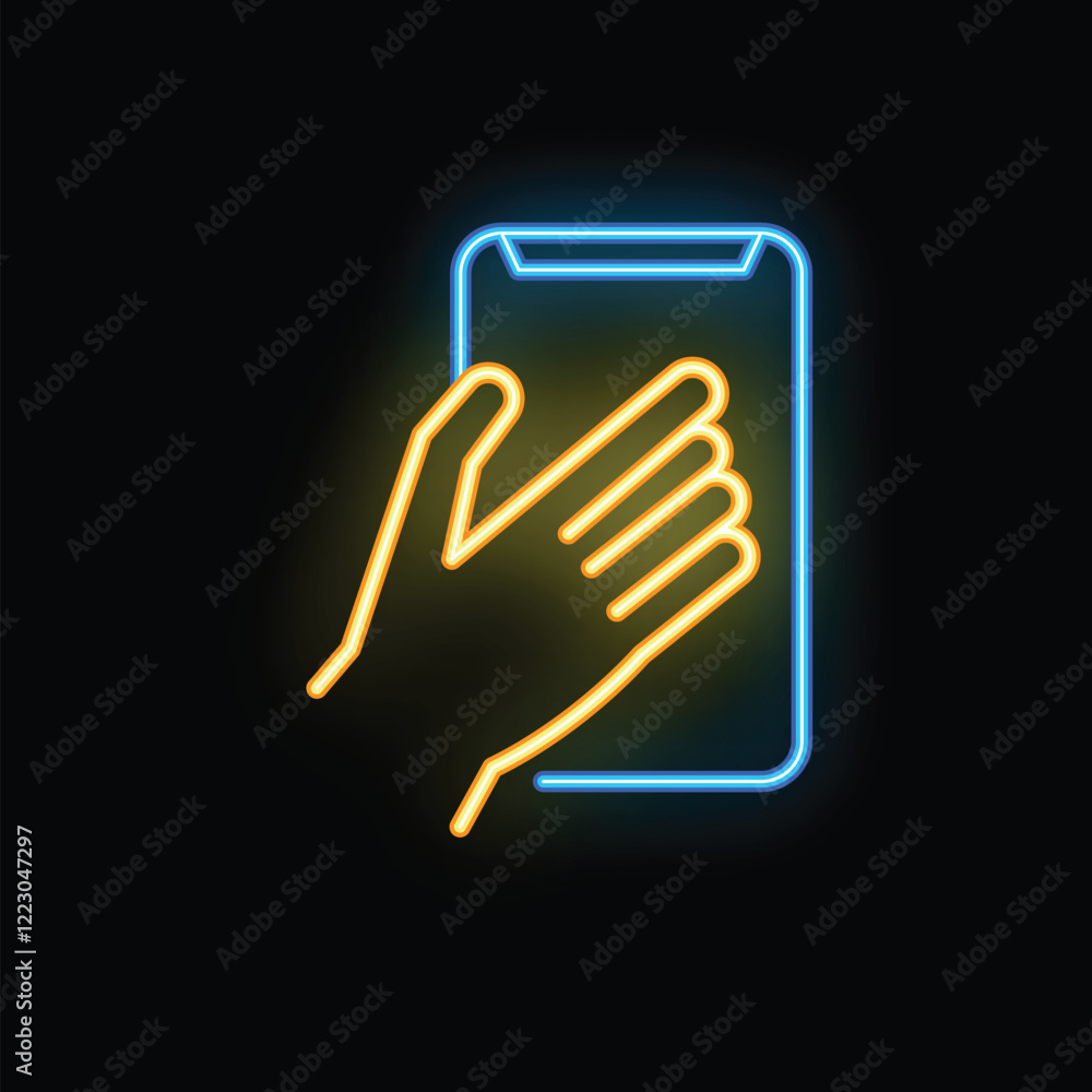 Obraz premium Neon sign of a hand holding a smartphone, representing mobile technology and communication