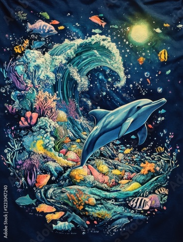 Vibrant Underwater Scene with Dolphin and Coral Reef Details