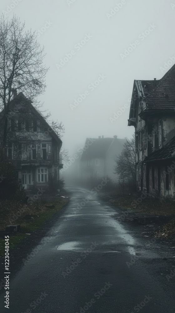 Desolate urban street enveloped in eerie fog and pale light Desolate urban street enveloped in eerie fog and pale light
