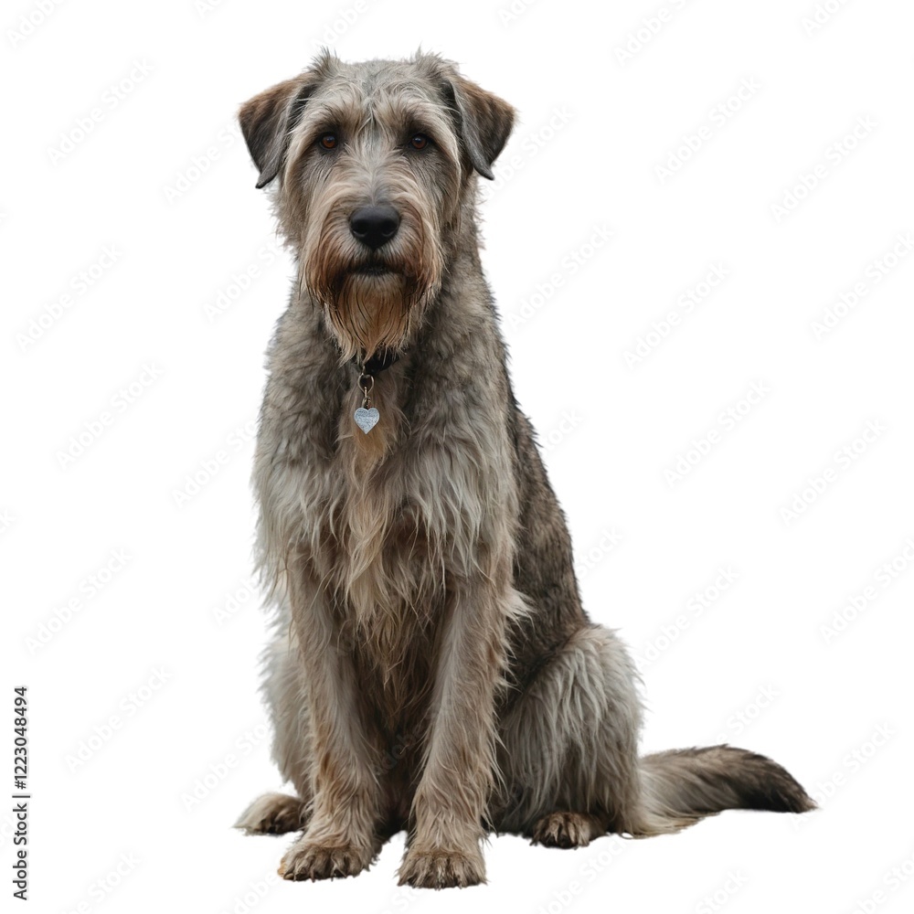 Irish wolfhound dog breed standing against white background, AI Generated. elegant seated schnauzer wearing red bowtie looks to side. Irish wolfhound dog breed standing against white background, AI Generated. elegant seated schnauzer wearing red bowtie looks to side.