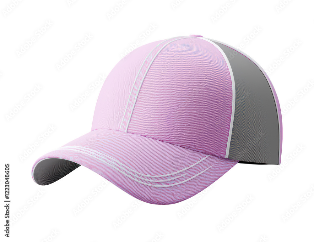 Pink and gray baseball cap with white stitching details, made of soft fabric, isolated on transparency background Pink and gray baseball cap with white stitching details, made of soft fabric, isolated on transparency background