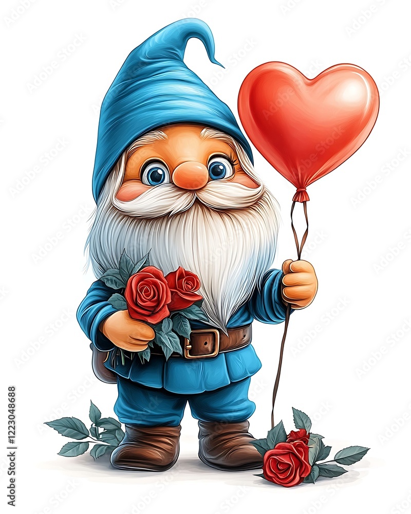 Obraz premium Isolated Happy Gnome Celebrating Valentines Day with Heart-Shaped Balloon and Red Roses on White Background
