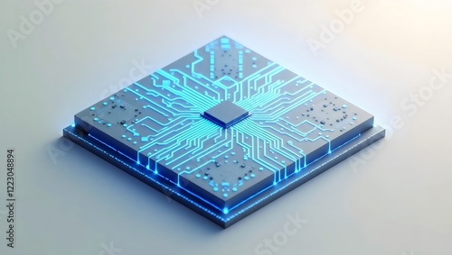 Fototapeta Naklejka Na Ścianę i Meble -  3D Rendered Silicon Chip with Glowing Blue Circuitry Isometric Perspective