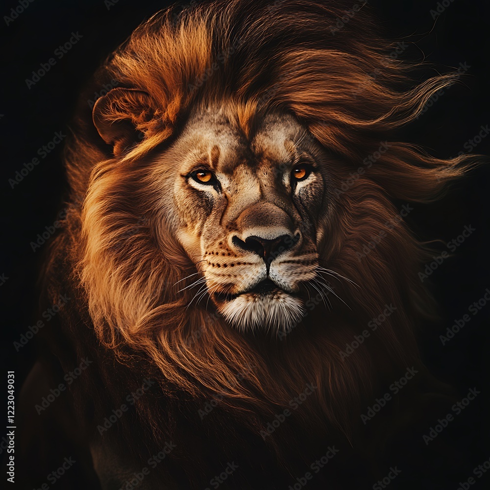 Fototapeta premium Majestic Male Lion Portrait A Dark Background, Golden Mane
