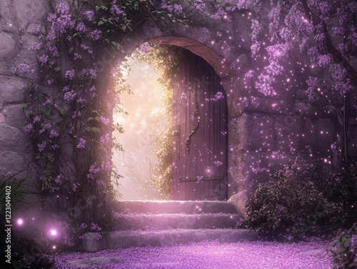 A magical floral archway leading into a mystical garden with glowing light. photo