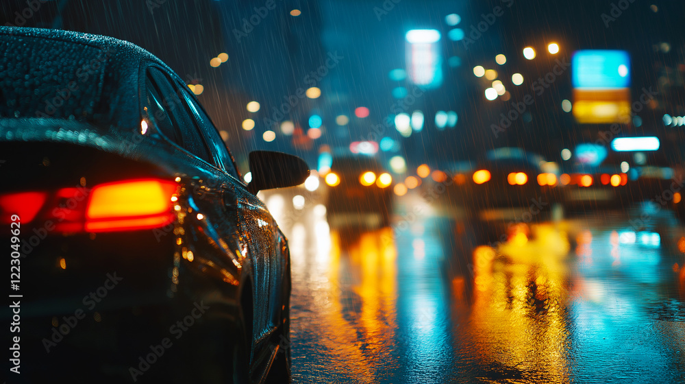 Fototapeta premium atmospheric urban night scene with a sleek car in the rain, illuminated by blurred neon city lights and reflections, ideal for automotive campaigns, futuristic ads, or modern city lifestyle designs