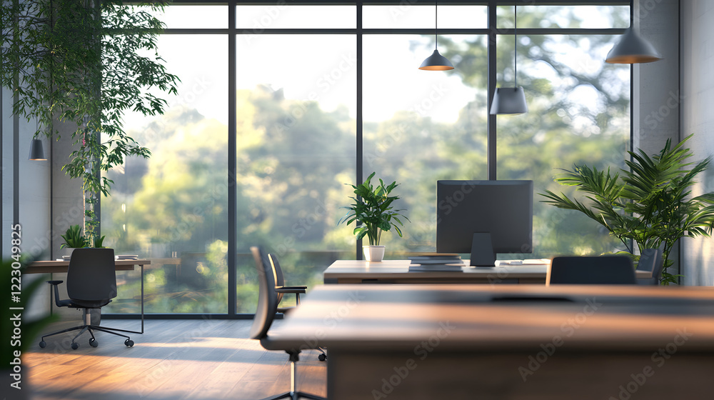 Fototapeta premium A blurred modern office interior with large panoramic windows, creating a clean and professional atmosphere.