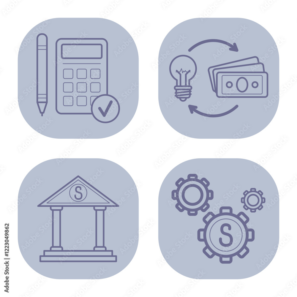Collection of essential business finance icons. Calculator, bank, lightbulb with cash, and gears. Financial presentations and documents concept Collection of essential business finance icons. Calculator, bank, lightbulb with cash, and gears. Financial presentations and documents concept
