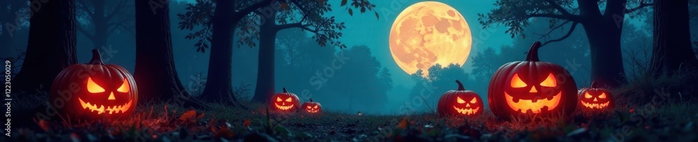 full moon and glowing jack o lanterns in a forest, night, spooky full moon and glowing jack o lanterns in a forest, night, spooky