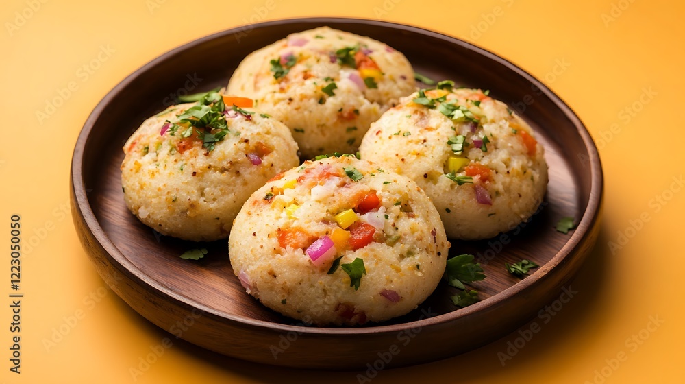 Fototapeta premium Paneer stuffed kodo millet Idly steamed savory cakes made of kodo millets and lentil flour stuffed with a patty made of scrambled cottage cheese with onions and tomatos shot on orange background