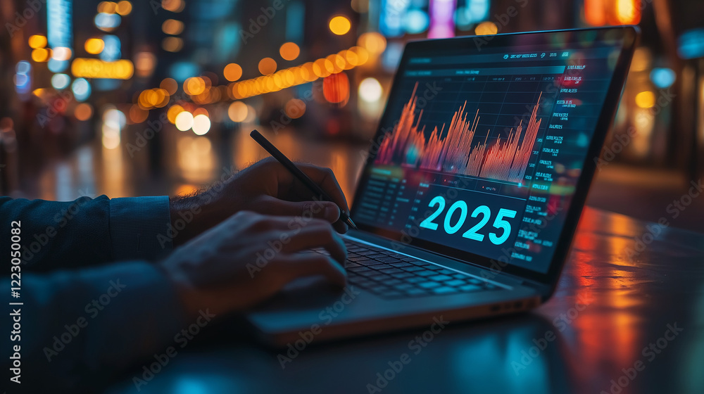 2025 Forecast: A businessman analyzes financial data on his laptop, illuminated by the bright lights of the city at night. The year 2025 is prominently displayed. 2025 Forecast: A businessman analyzes financial data on his laptop, illuminated by the bright lights of the city at night. The year 2025 is prominently displayed.