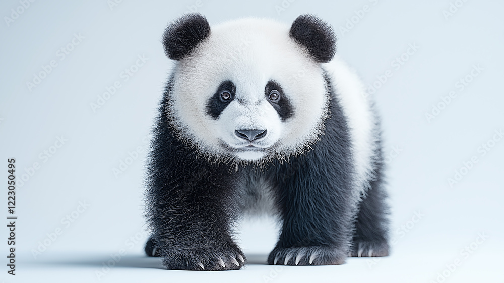Naklejka premium panda stands and looks into the frame on a white background