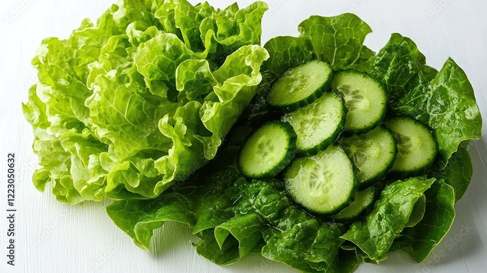 Obraz premium A fresh green salad with lettuce, cucumbers, and a light vinaigrette dressing.