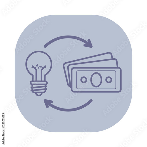 Icon of connection between innovative ideas and financial investment. Light bulb symbolizing creativity, while cash representing money, each exchanging roles for growth