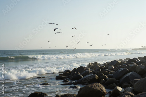 Rocky coastline with waves and seagulls at sunset