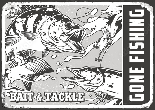 Fishing-themed vintage sign with fish