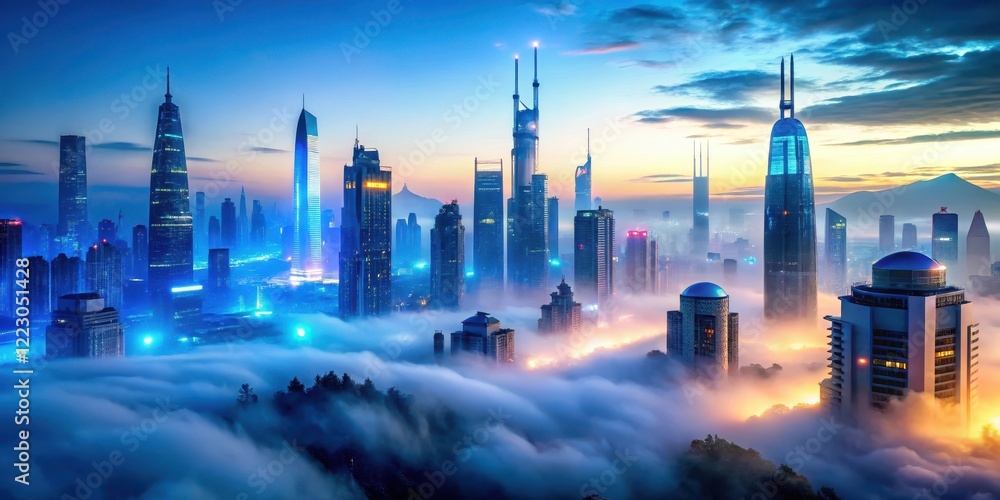 Obraz premium glowing ethereal blue light mist envelops a futuristic cityscape at dusk, futuristic architecture, evening glow